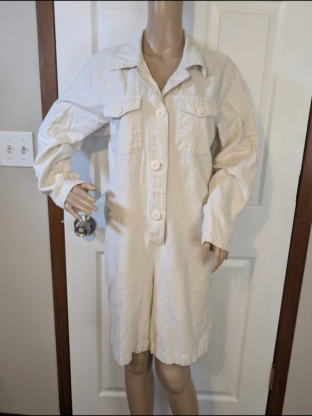 Styleworks Cream Button Down Long Sleeve Tie-Waist Utility Short Romper -sz 4 - Picture 4 of 9